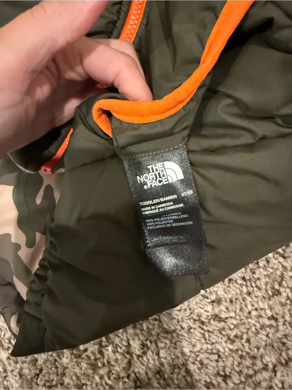 The North Face Kids Camouflage Puffer Jacket with Orange Trim